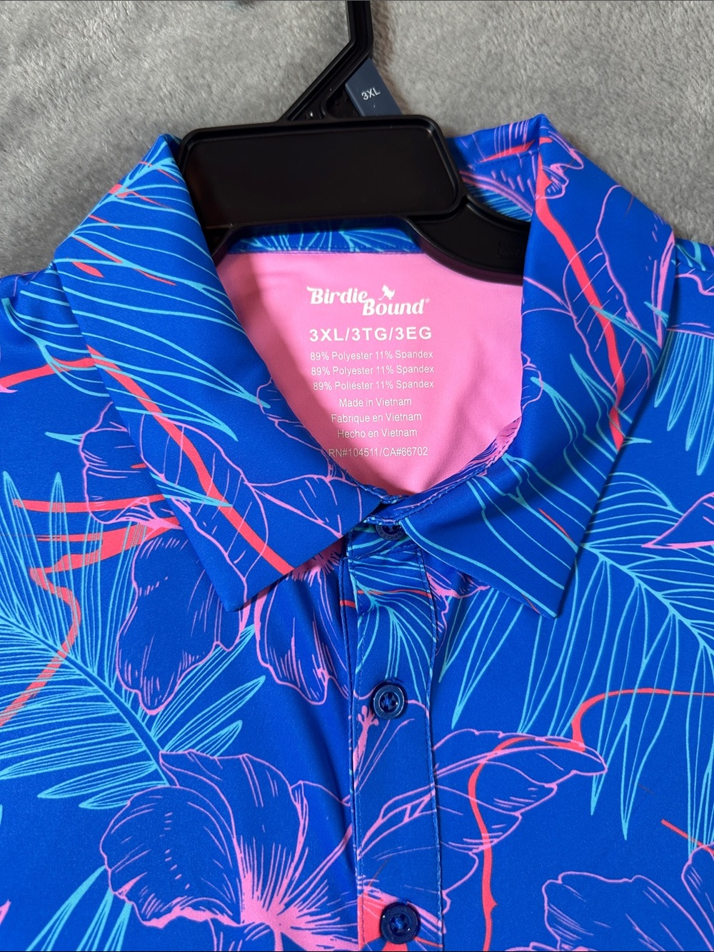 NWT Men's BIRDIEBOUND Blue Golf Polo w/Pink Tropical Floral Print Sz 3XL ⛳️ - Picture 2 of 8